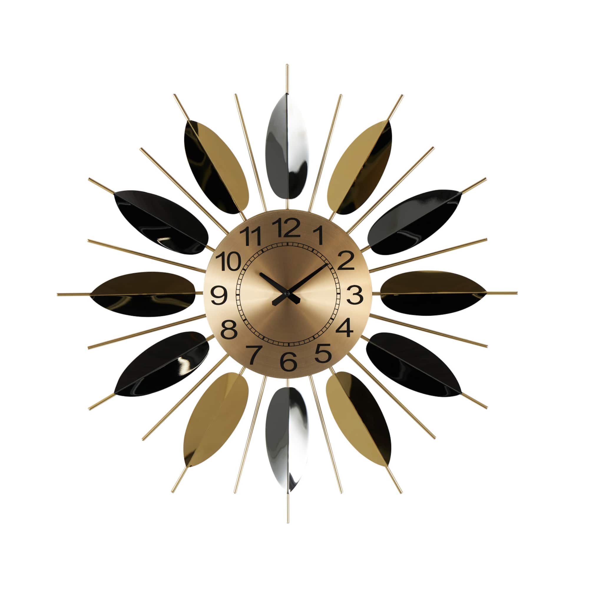 26" Gold Stainless Steel Metal Leaf Radial Decorative Wall Clock with Black Accents